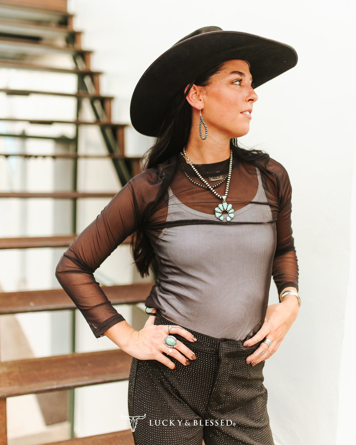 Lucky & Blessed Black Solid Mesh Long Sleeve Top