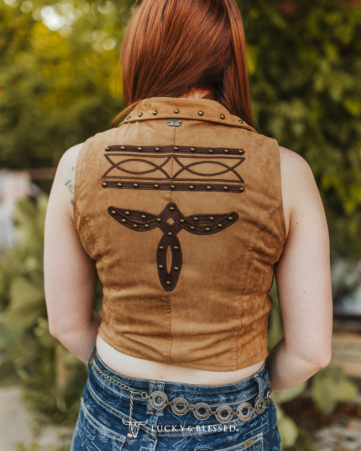 Brown Stretch Suede Sleeveless Studded Patch Detail Zip Up Top