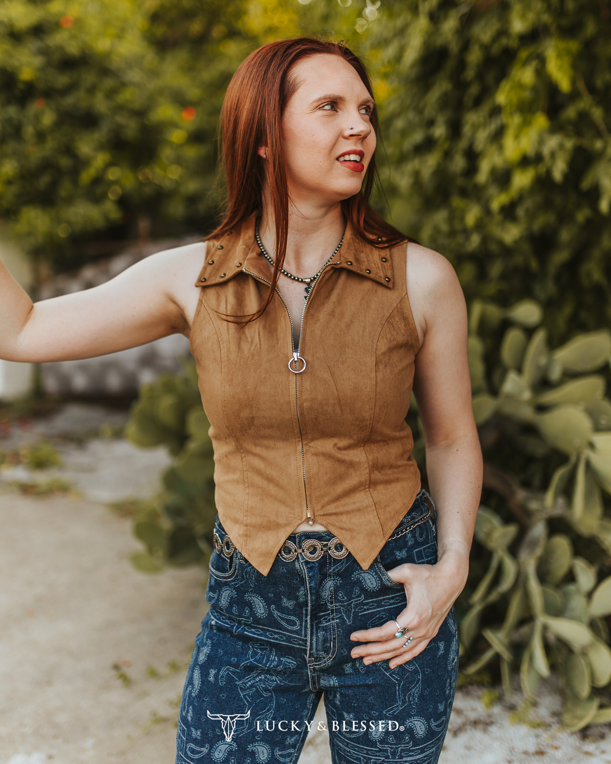 Brown Stretch Suede Sleeveless Studded Patch Detail Zip Up Top