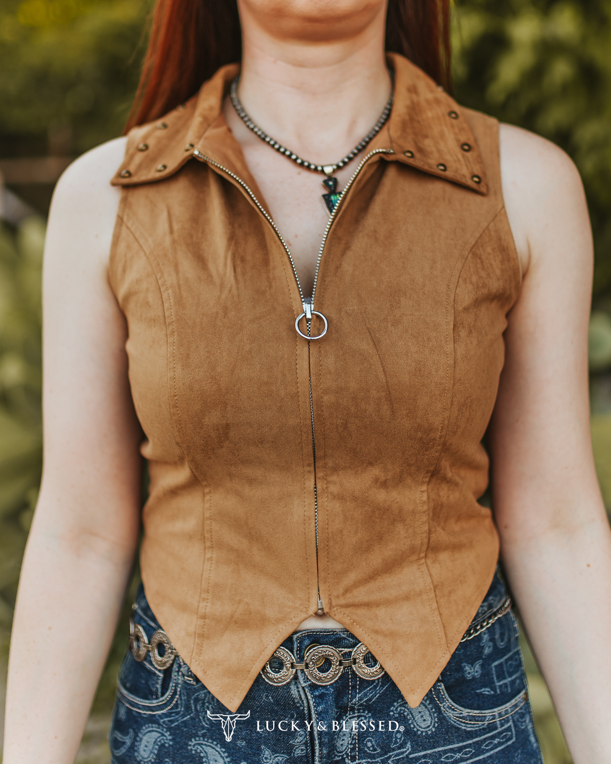 Brown Stretch Suede Sleeveless Studded Patch Detail Zip Up Top