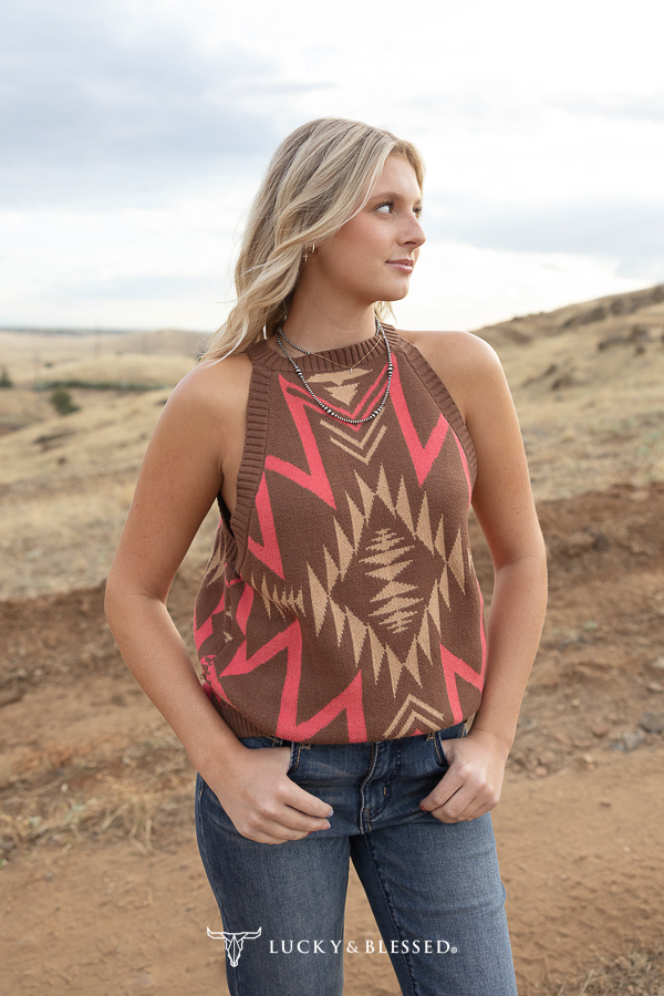 Brown Aztec Sleeveless Knit Tank Top