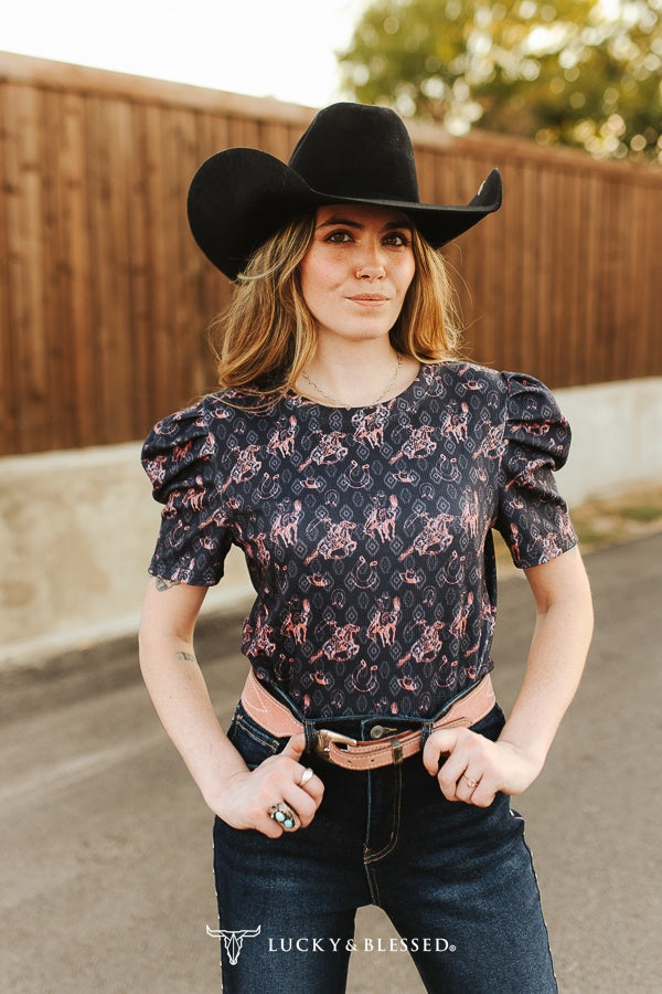 Black Cowboy Horseshoe Printed Puff Sleeve Top