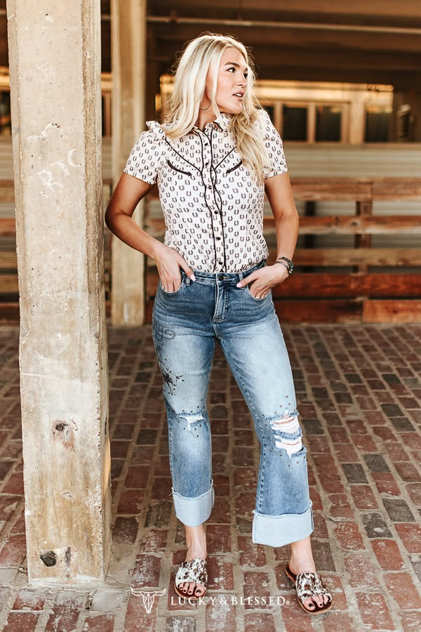 Lucky & Blessed Mid Wash Distressed Knee Rip Studded Printed Bronco Cuffed Cropped Straight Leg Jeans