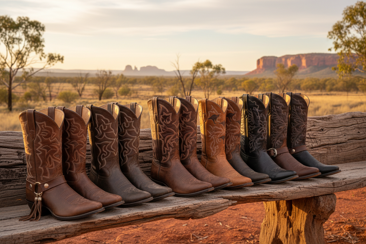 Collection of cowboy boots on a timber bench