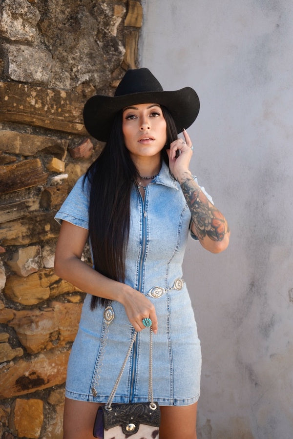 Lucky & Blessed Light Wash Stretch Denim Zip Up Collared Short Sleeve Dress