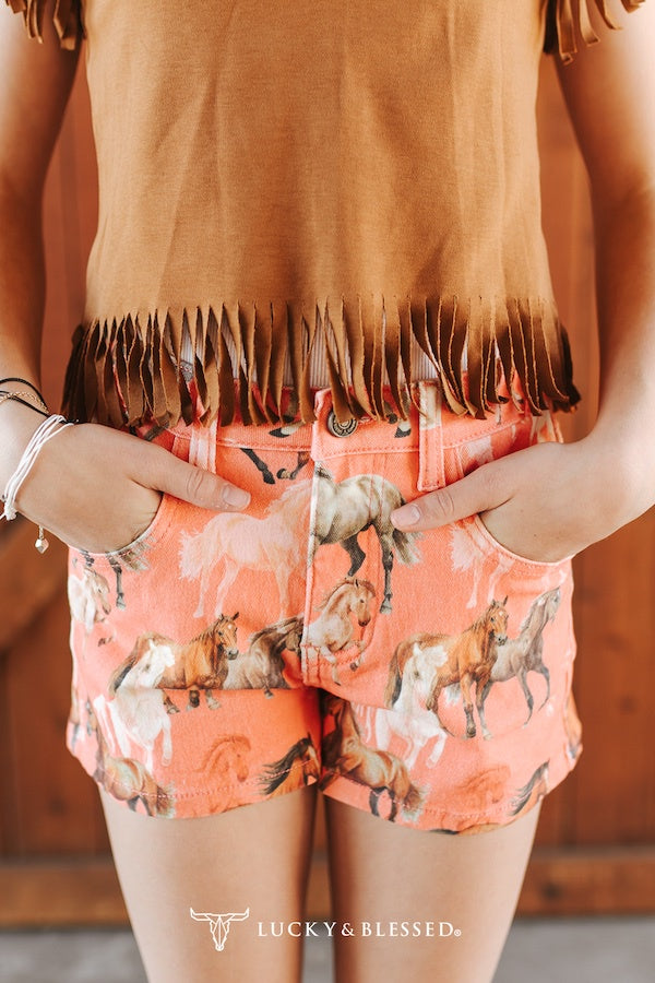 Girls Horse Printed High Rise Wide Leg Shorts