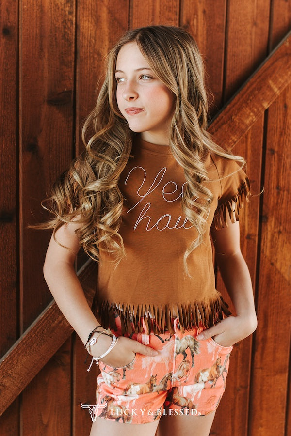Girls Horse Printed High Rise Wide Leg Shorts