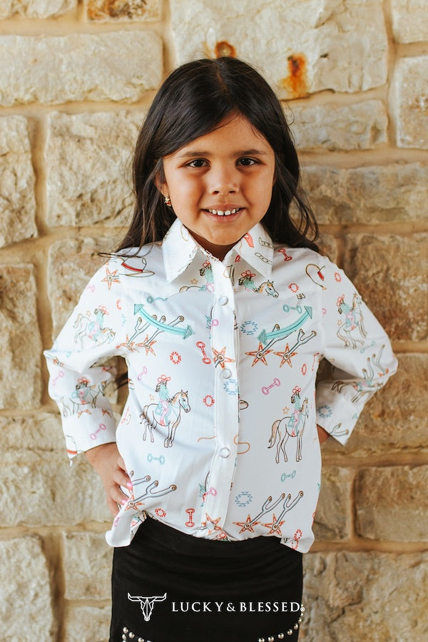Girls Cream Cowgirl Printed Pearl Snap Button Down Arrow Embroidery Western Shirt