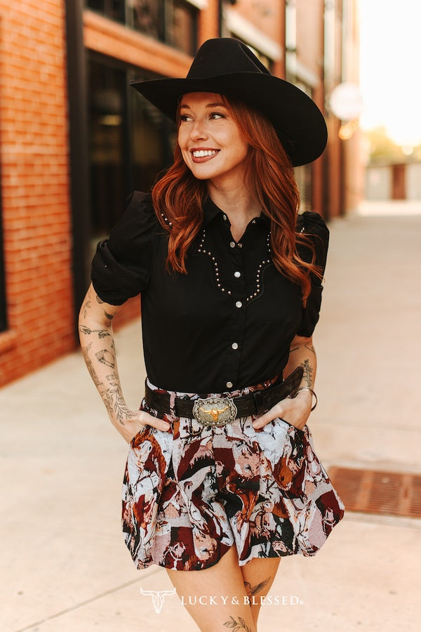 Lucky & Blessed Black Short Puff Sleeve Western Studded Yoke Shirt