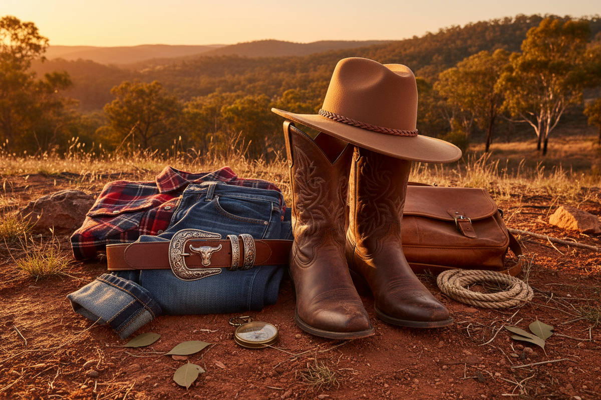 Western apparel, boots and hat laid out in the outback